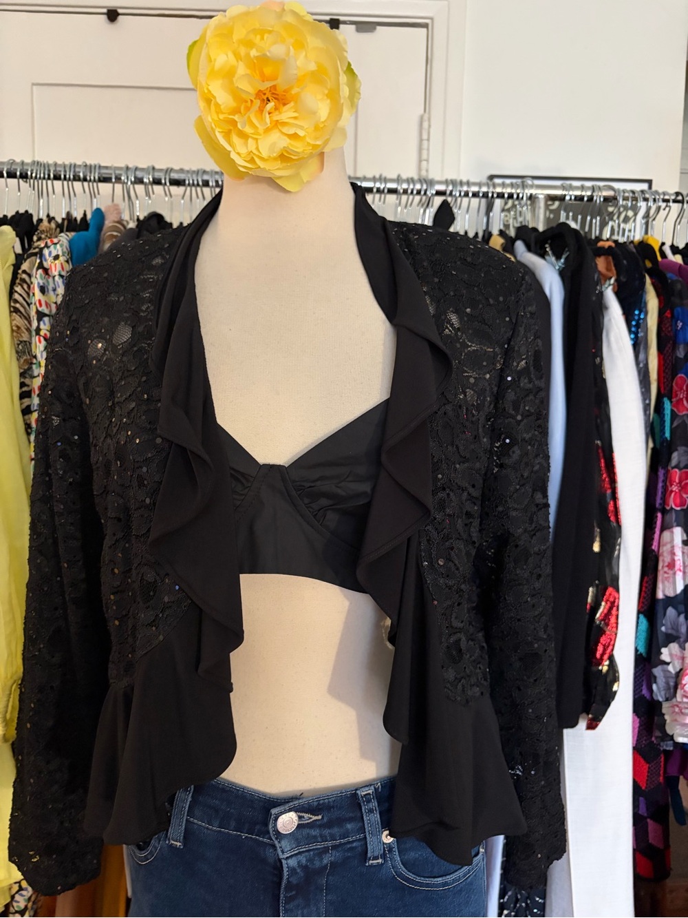 Black Sequin Lace Ruffle Open Front Jacket